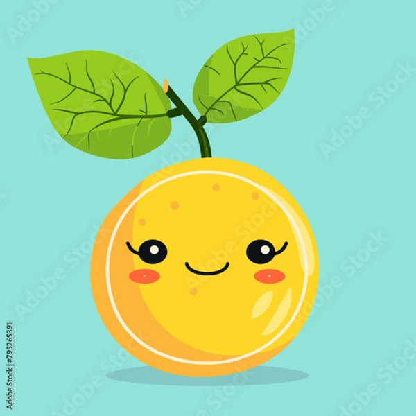 Fototapeta A cartoon orange with a leaf on top. The orange is smiling and has a happy expression