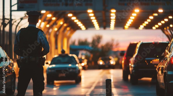 Fototapeta Security guard on the background of traffic jam in the city at sunset