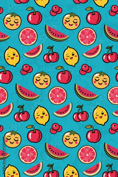 Fototapeta bright cheerful colorfull pattern of fruits and berries on a blue background