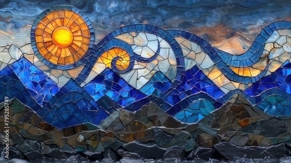 Fototapeta Mountains mosaic with a stained glass illusion being swept by the wind
