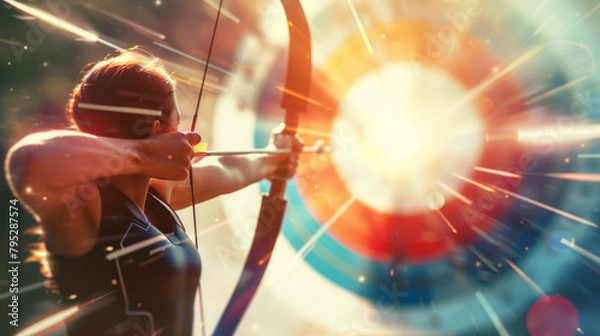 Obraz Competitive archery, bow arrow: focus  intense concentration business goal achievement