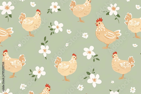 Fototapeta Illustration of chickens and white flowers forming a seamless pattern on olive backdrop