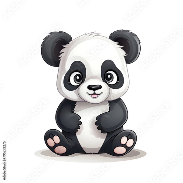 Fototapeta Delightful cartoon panda sitting with wide, sparkling eyes and an open, joyful smile on a clean background. Generative AI