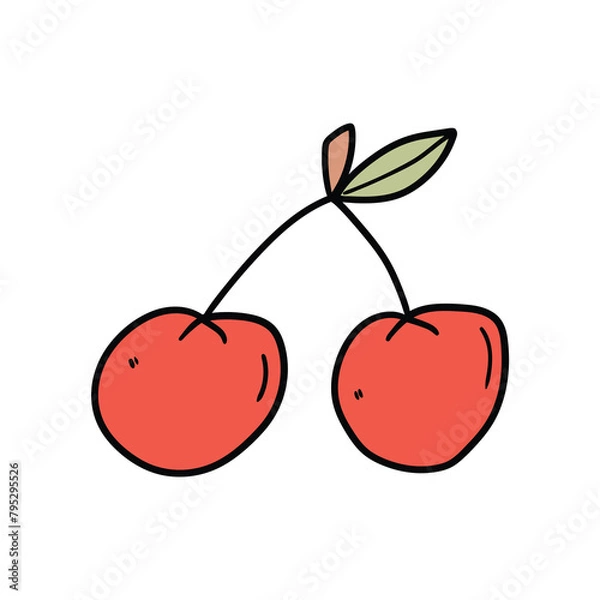 Fototapeta Hand drawn doodle cherry with leaf on white background.