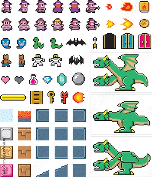 Fototapeta 横スクロールゲーム風ドット絵　魔法使いセット