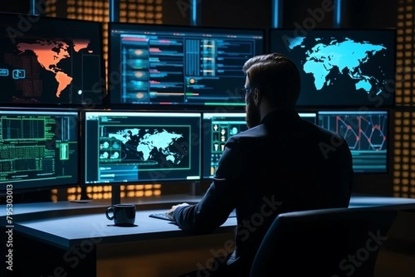 Obraz A cybersecurity expert analyzing realtime threat data on multiple monitors in a dark, sophisticated command center with interactive maps and code running