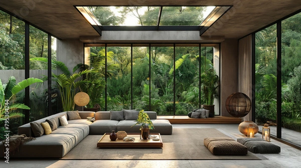 Fototapeta 3D design. Image of interior of cozy modern living room with massive skylight jungle from ceiling while furnished with modern furniture and glass walls displaying admirable outside scenery.