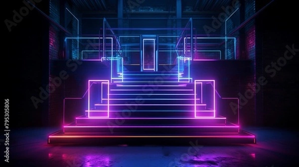 Fototapeta Luminous Ascent: 3D Rendered Neon Glowing Industrial Style of Staircase, Creating a Spectacular Fusion of Light and Urban Architecture