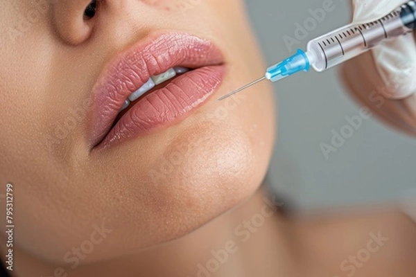 Fototapeta A cosmetic procedure for lip augmentation with an injection with botox