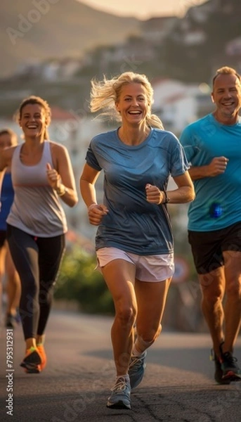 Fototapeta Joyful friends in sportswear running outdoors against urban skyline during golden hour