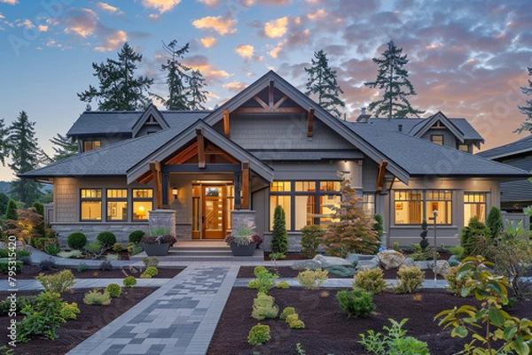 Fototapeta The front view of a cool slate gray craftsman cottage style house, with a triple pitched roof, curated landscaping, a welcoming walkway, and premium curb appeal, epitomizing contemporary elegance.
