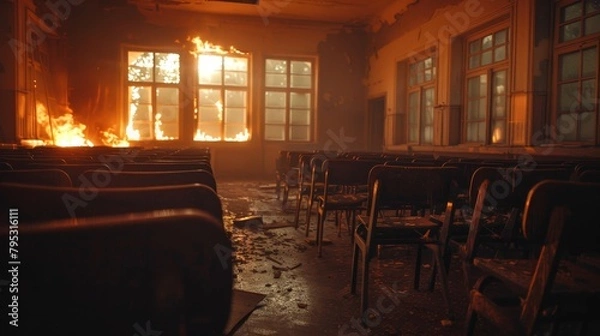 Fototapeta Close perspective of an empty, old-style classroom, subtle flame in the background creates a chilling and haunted atmosphere