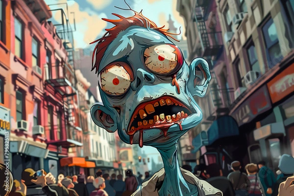 Fototapeta Cartoon Caricature of a Zombie.  Generated Image.  A digital illustration of a cartoon caricature of a zombie in a city.