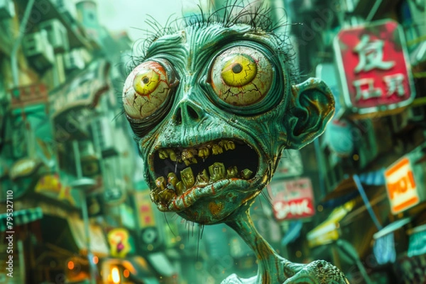 Fototapeta Cartoon Caricature of a Zombie.  Generated Image.  A digital illustration of a cartoon caricature of a zombie in a city.