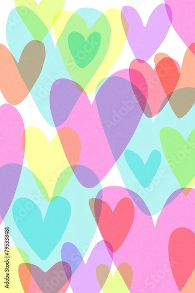 Fototapeta Vertical abstract wallpaper. Background made of multicolored hearts of different sizes. Neon delicate colors, transparent objects. Love design. Valentine’s Day greeting card. 