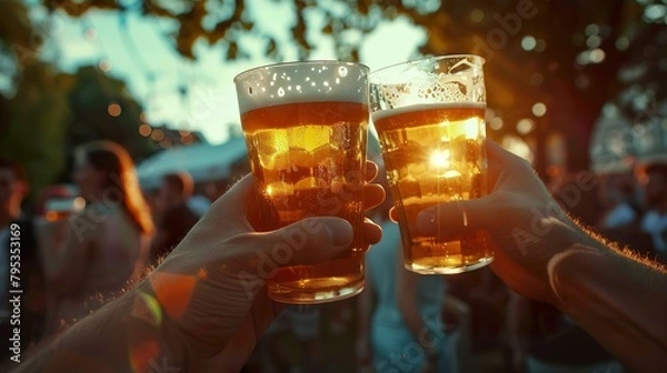 Obraz Close-up of two beer glasses making a toast in an outdoor setting, with the sunset behind.