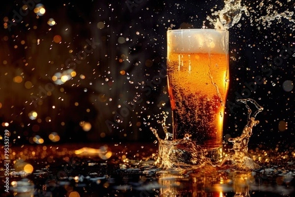 Fototapeta Refreshing Beer Splash in Glass on Dark Background with Bokeh Lights