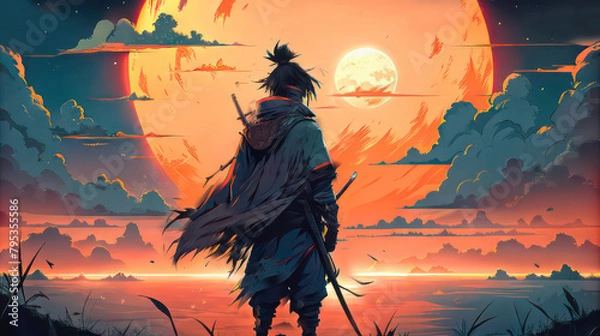 Obraz An animated Cool 2d illustration of a black modern ninja looking at the moon at night