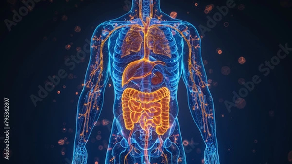 Fototapeta A close up of a human body with the stomach and intestines shown in red. The stomach is shown as being full of blood