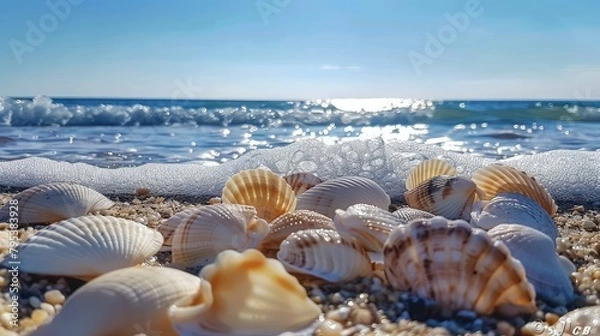 Obraz Seashells strewn across the shoreline, creating a picturesque scene against the backdrop of a clear blue sky in the summer.