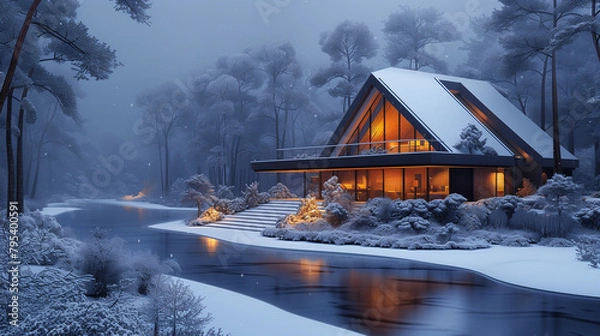 Fototapeta An A-frame cabin emanates a golden hue, contrasting the blue twilight of a snow-covered forest.