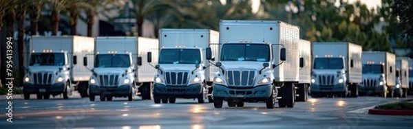 Fototapeta A lineup of delivery company semi trucks parked neatly in a spacious parking lot