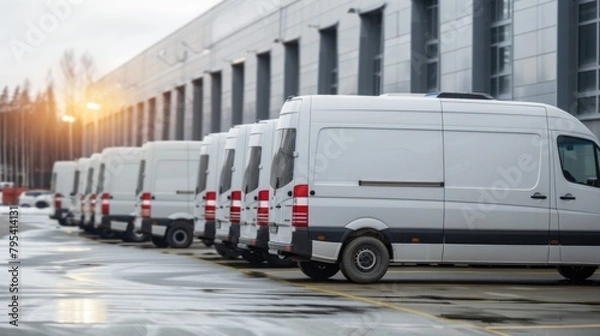 Fototapeta A line of delivery company white vans parked neatly in front of a commercial building