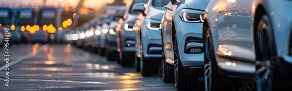 Fototapeta A line of parked cars belonging to a transport company sit side by side in a designated parking area