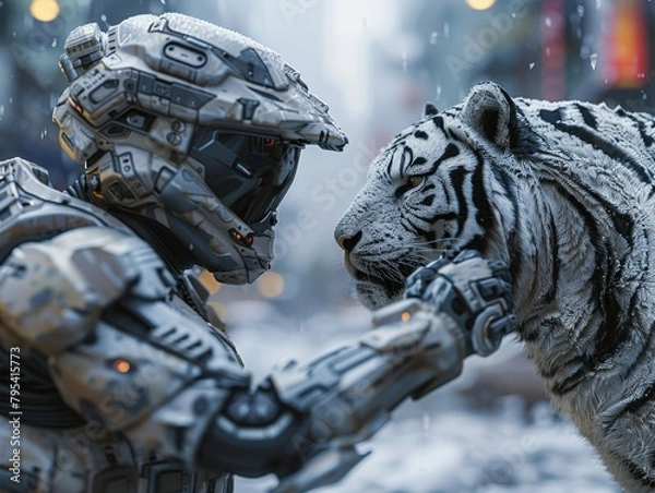 Fototapeta A soldier in futuristic armor petting a white tiger in a snowy city.
