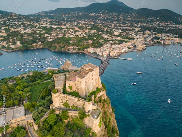 Fototapeta Aerial view of Ischia bridge and Aragonese castle. Ischia an island in Naples