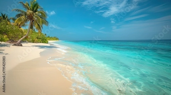 Fototapeta Luxurious tropical landscape. White sand with palm trees and azure sea. A heavenly place to relax. Beautiful exotic summer beach background for design.