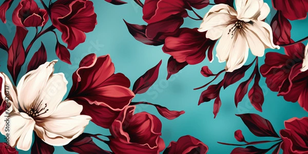 Obraz Bold maroon and teal florals seamlessly intertwining, creating a sophisticated background.