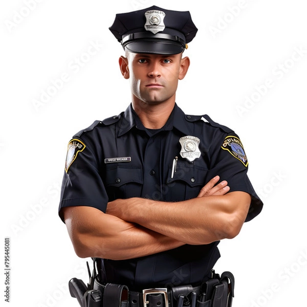 Fototapeta A police officer in uniform, standing with authority, badge visible, on a transparent background.