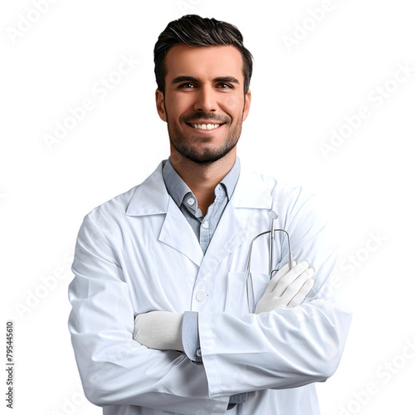 Fototapeta A dentist in a white coat with dental tools, ready for an examination, on a transparent background