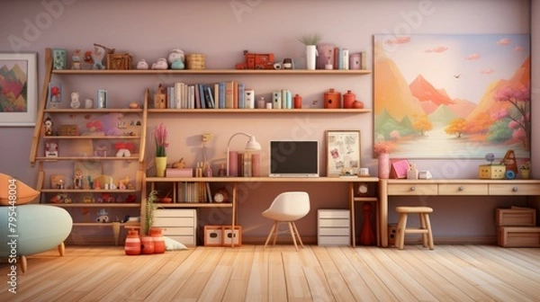 Fototapeta b'Cozy Home Office Setup with Bookshelf and Desk'