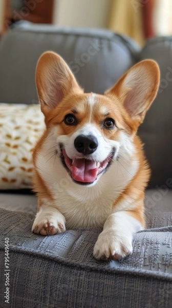 Fototapeta b'Smiling Pembroke Welsh Corgi Dog on Sofa'
