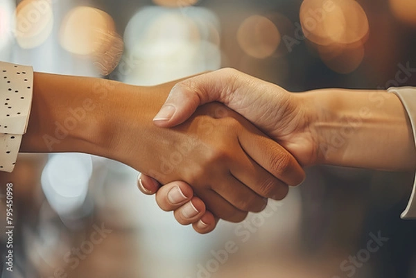 Fototapeta A close-up image capturing a handshake between individuals of different ethnicities, symbolizing diversity and inclusion in unity