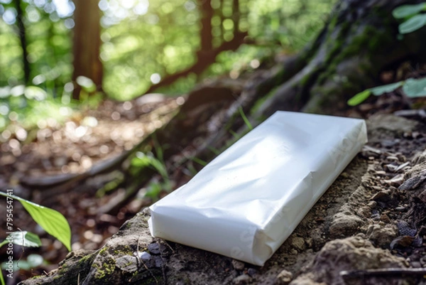 Fototapeta Mockup of a white, empty energy bar wrapper at a hiking trail, suitable for outdoor sports nutrition branding. --ar 3:2 --seed 7308231 Job ID: d9e92215-7860-44b3-8678-138e7d829f27