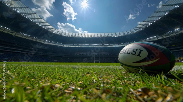 Obraz Game Day Energy: Rugby Ball on the Pitch in a Majestic Stadium