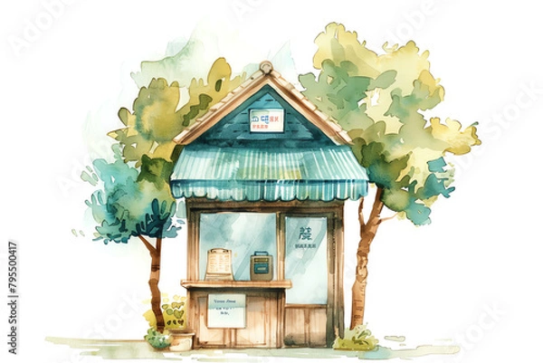 Fototapeta Minimalistic watercolor illustration of a small shop on a white background, cute and comical