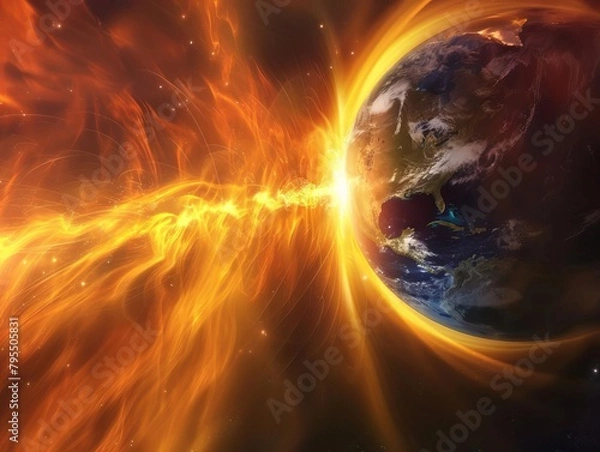 Fototapeta A large solar flare engulfs the Earth, causing a geomagnetic storm and widespread destruction.