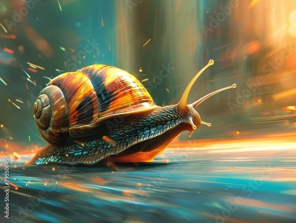 Fototapeta Cartoon inspired visual of a snail competing in a race against faster insects, exaggerated motion lines showing surprising speed