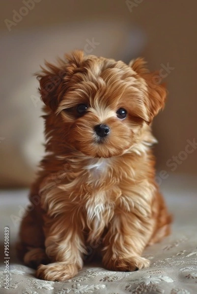 Fototapeta This tiny puppy basks in a gentle sunbeam