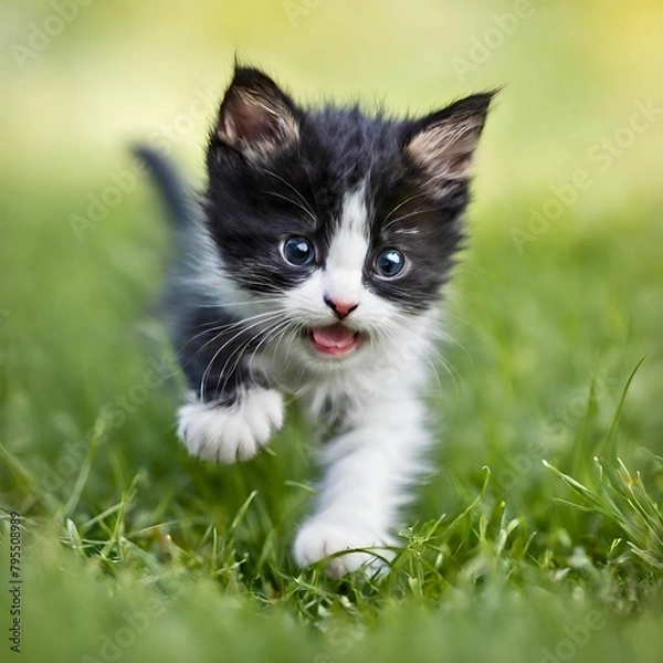 Fototapeta  A black kitten is running on the green grass