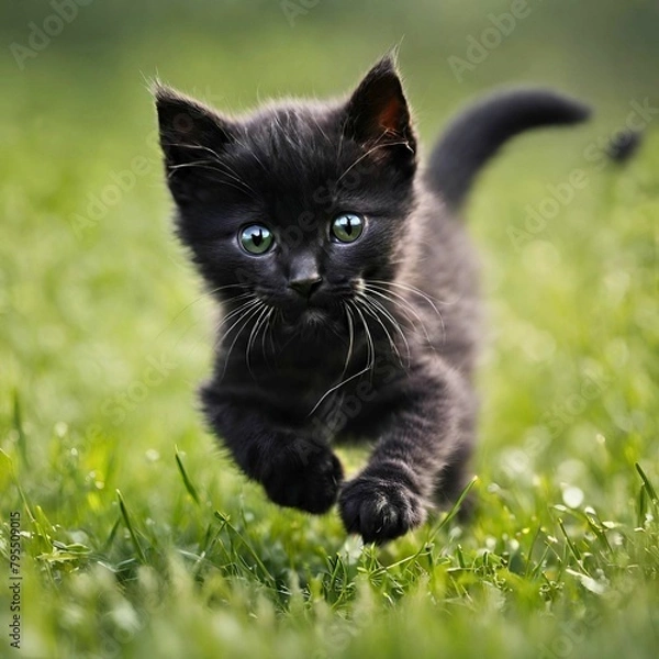 Fototapeta  A black kitten is running on the green grass