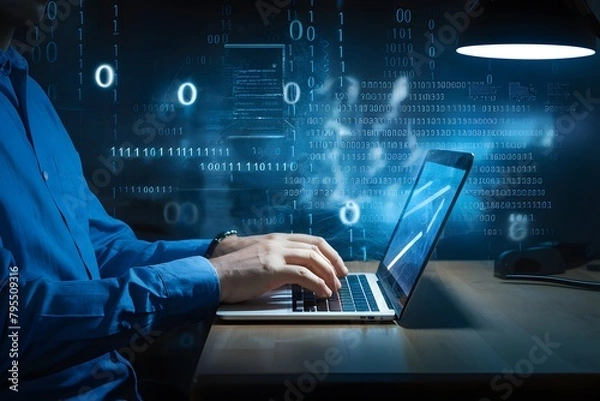 Fototapeta Person in blue shirt typing on laptop in dimly lit room with digital elements
