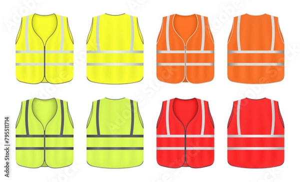 Fototapeta Protective reflective vest with road and work uniform. Various color fluorescent security safety work jacket reflective stripes. Vest, front and back view. Vector illustration