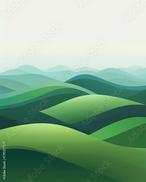 Fototapeta Abstract green hills background, with simple shapes in a minimalistic style, on a light gradient background with soft lighting The style is clean and modern, created as digital art at high resolution