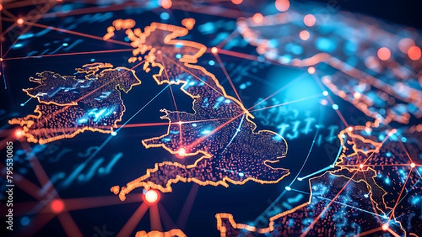 Fototapeta Map of United Kingdom with networks. Global communications systems and communications satellites. Connection concept.	