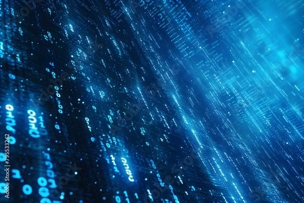 Fototapeta walls wrapped in digital binary codes with blue lights in the technology gateway